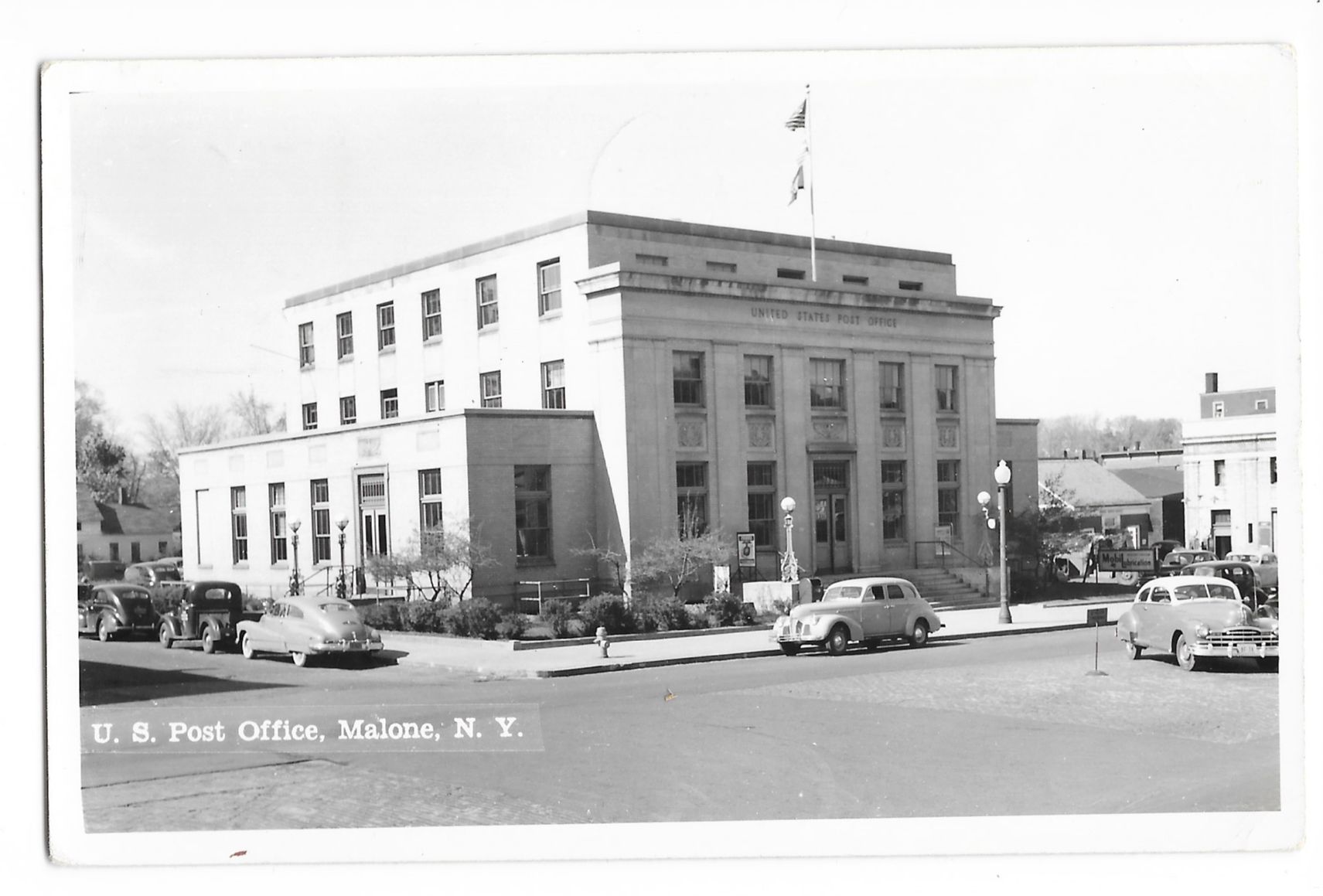 RPPC Post Office in Malone New York - Old Cars Vintage Real Photo 1954